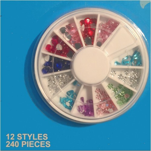 Set of 240 pcs COLORED NAIL BLING RHINESTONES 12 STYLES in DIAL CONTAINER BOX