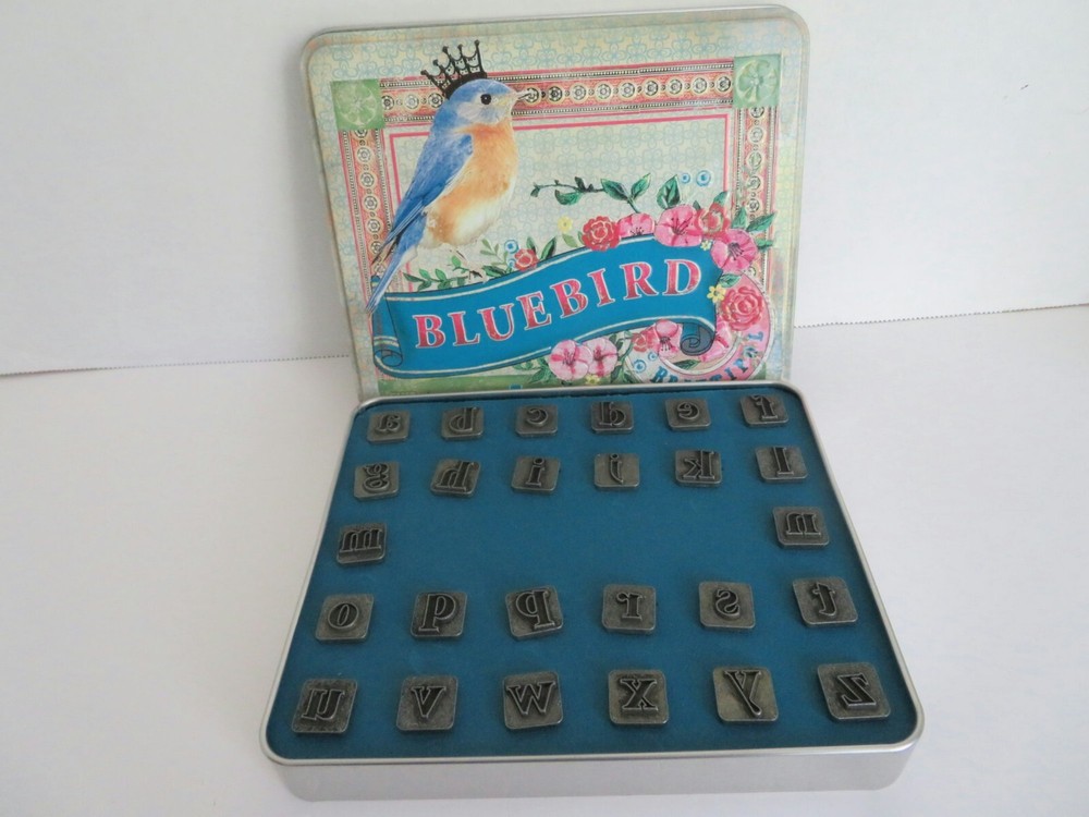 Bluebird Metal Stamp Set Melody Ross Chip Art 1/2″ Lowercase Letters in Tin