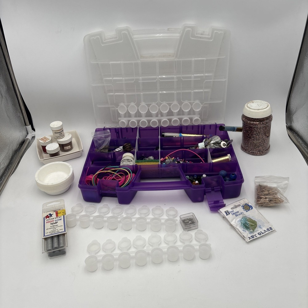 Lot of Crafting Supplies beads jewelry making bobbins glitter paint trays
