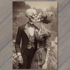 STICKER Romantic Skeleton Bride Groom Top Hat Floral Goth Wedding Love Emo Odd