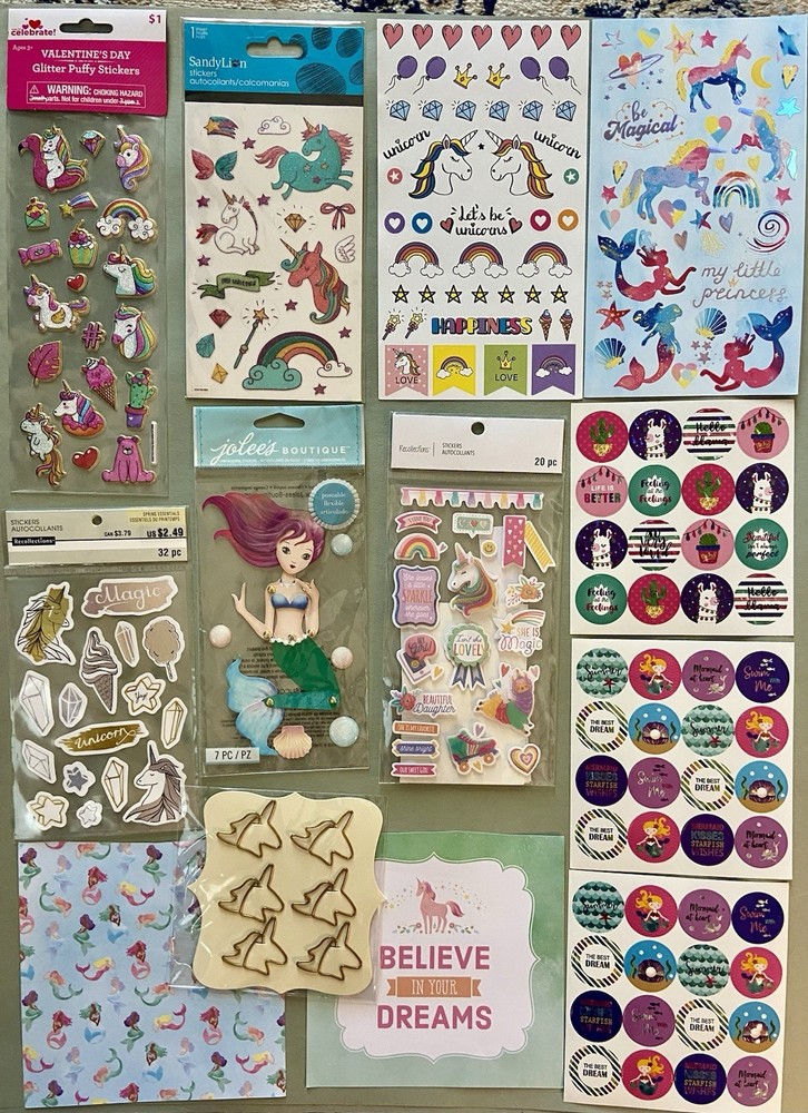 Lot of Mermaid & Unicorn Stickers & More! Jolee’s Boutique, Recollections, Etc