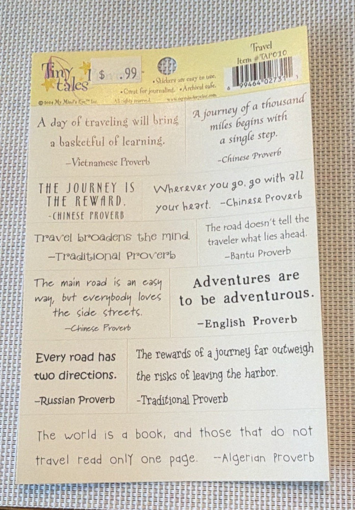 Tiny Tales Travel Proverbs & Quotes Scrapbooking Stickers Beige Black TAP010