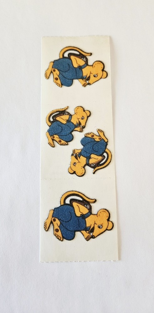 Vtg 80s Sandylion Stickers Fuzzy Mouse with Rucksack and Overalls backpack