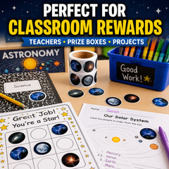 500 Realistic Space Stickers 1.5″ Galaxy Moon Nebula Classroom Rewards