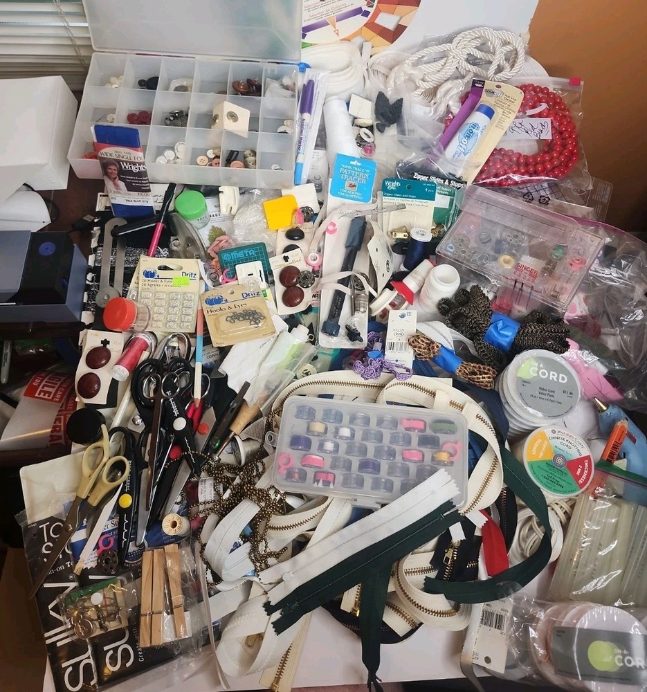 Huge Assorted Craft Sewing Lot Buttons Zippers Scissors Embellishments Supplies