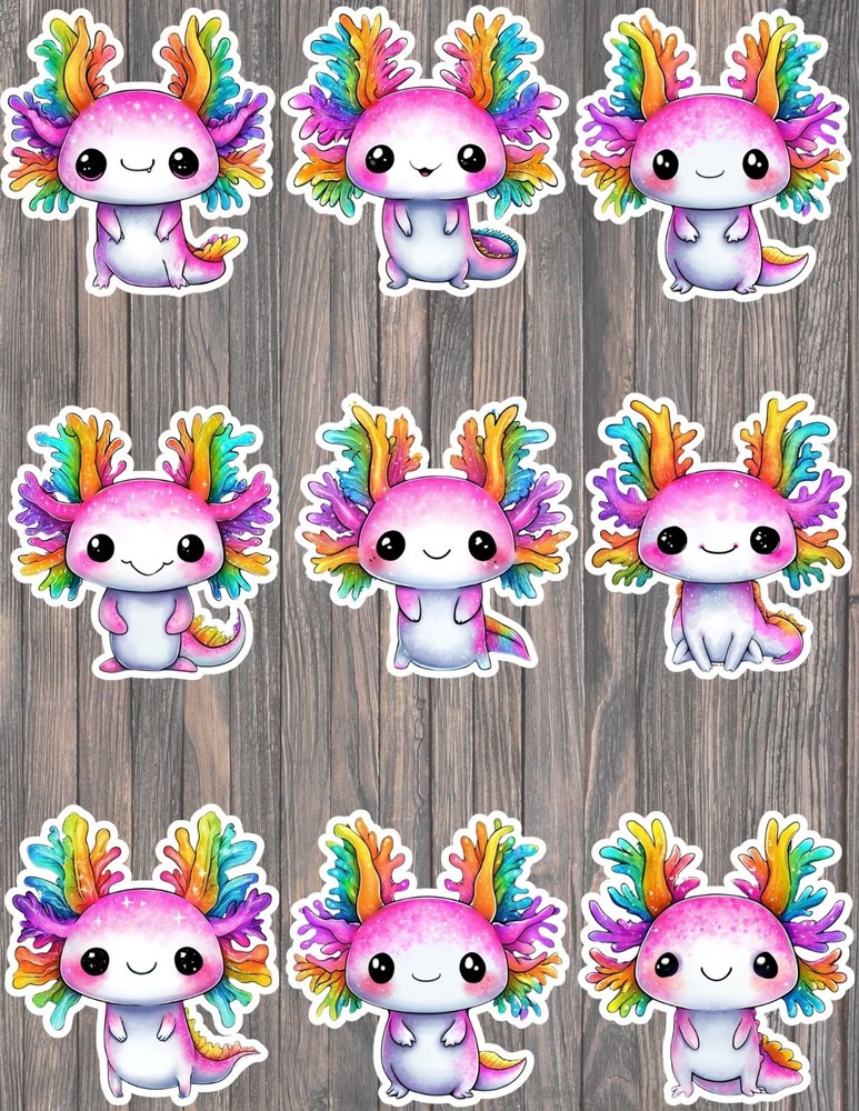 Colorful Axolotl Die Cut Vinyl Stickers Set Scrapbooking Laptop Water Bottle