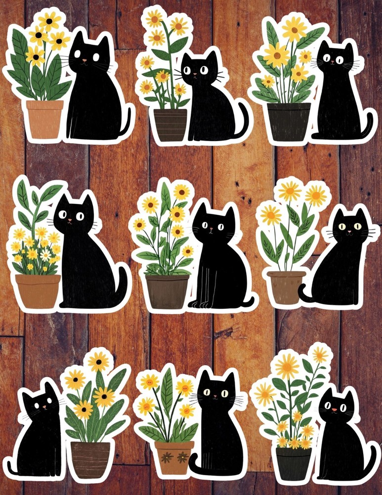 Black Cat Yellow Flower Vinyl Stickers Set Scrapbooking Laptop Waterbottle
