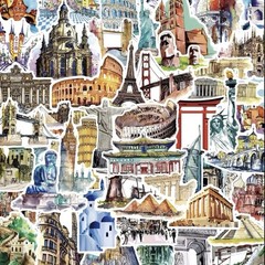 10 Stickers- World Travel Landmark Doodle Book Phone Suitcase journal scrapbook