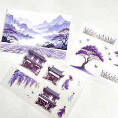 Summer Purple Chinese Asian Landscape Stickers Scrapbook Junk Journal Collage