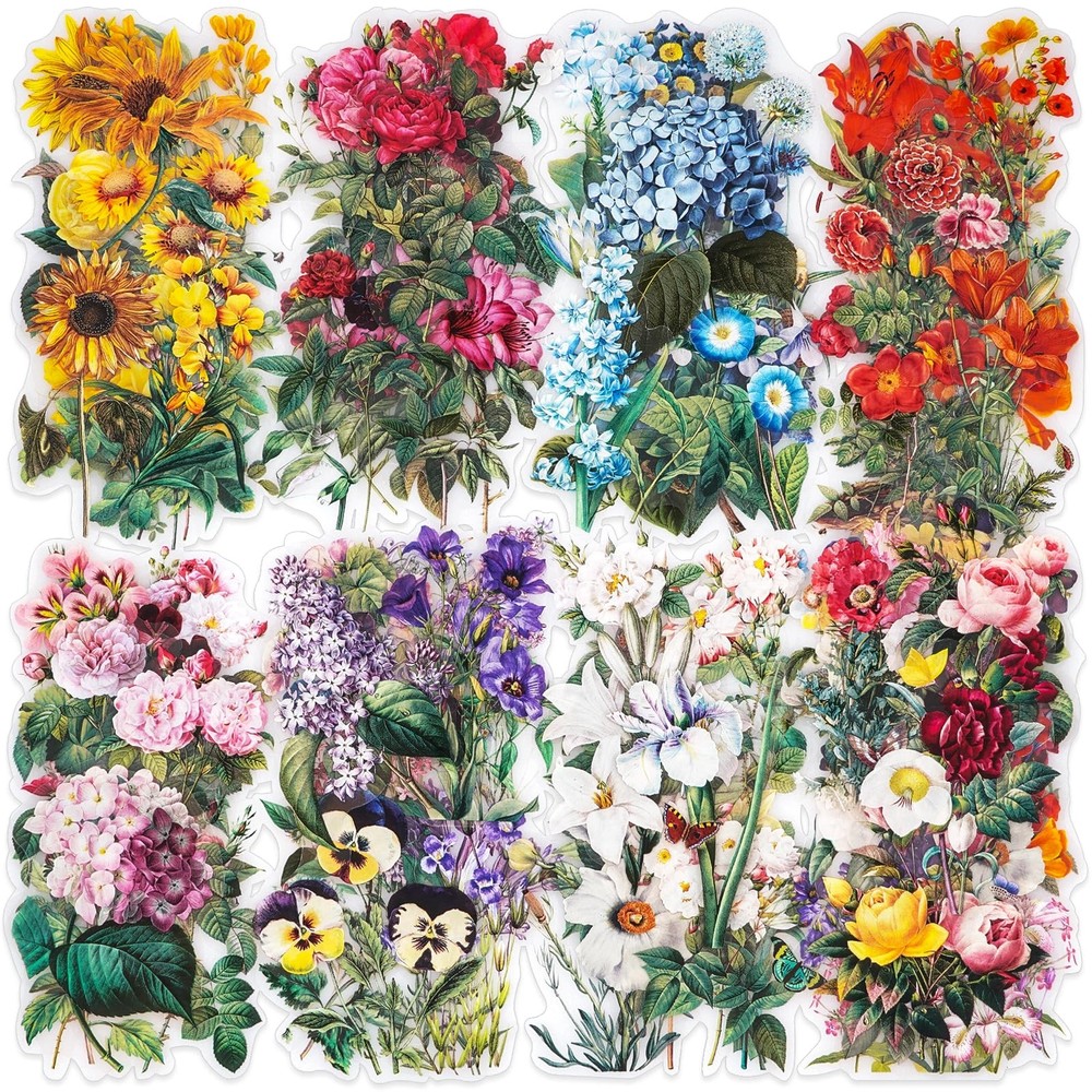 100 Pieces Vintage Flower Stickers Set Big 3.4 Waterproof Clear Botanical Flor