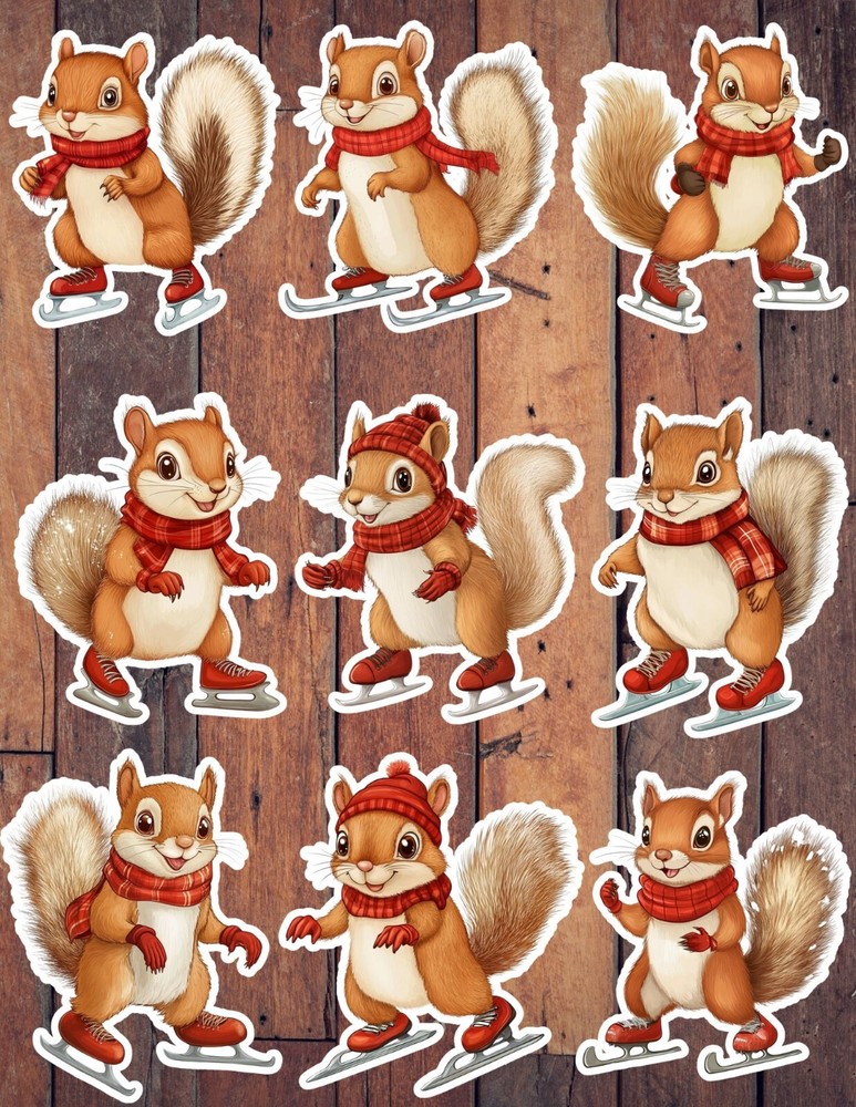 Ice Skating Squirrel Die Cut Vinyl Stickers Set Scrapbooking Laptop Waterbottle