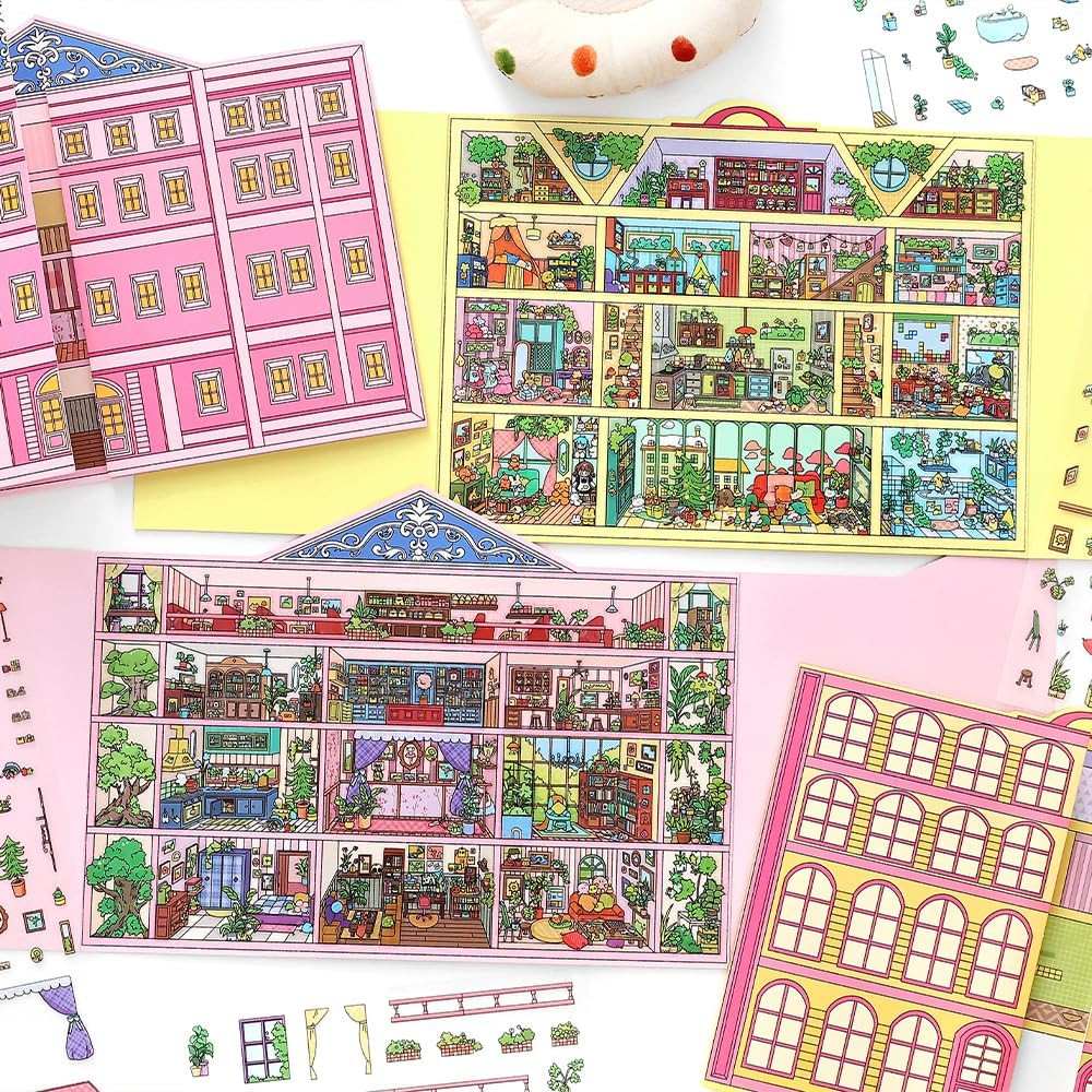 2PCS Foldable 3D Sticker Scene Book for Adults & Teens, DIY Isometric House