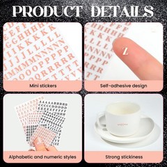 EORTA 6 Sheets Letter Stickers Small 0.18inch 0.18 inch, Rose Gold/Black