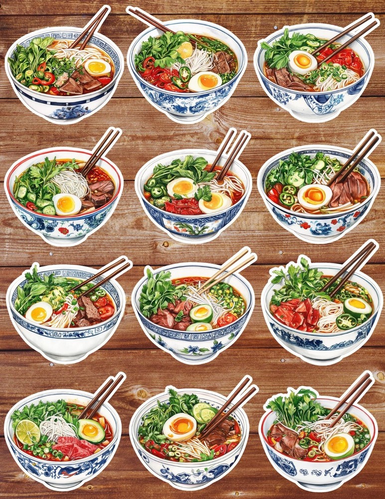 Bowl of Pho Die Cut Vinyl Stickers Set Scrapbooking Laptop Waterbottle