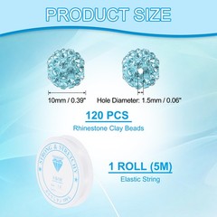 10mm Rhinestone Clay Beads, 120 Pack with Elastic String, Sky Blue