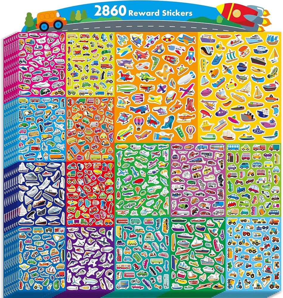 2860 Vehicle Stickers, 64 Sheets Vibrant Transportation Stickers Various Cars Tr