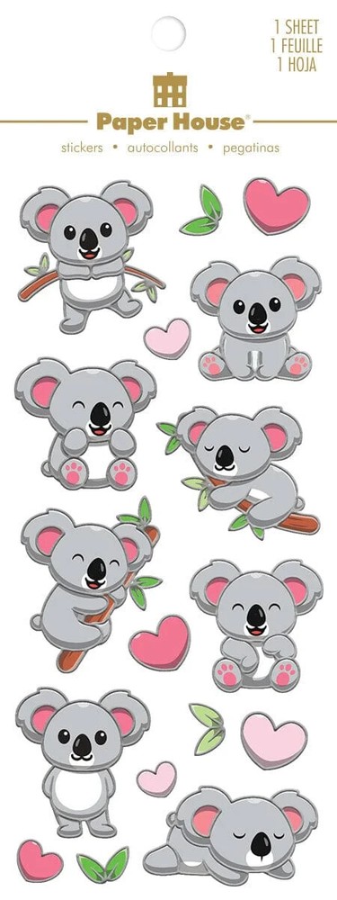 Paper House Cute Koala Bear Stickers Foil Accents Pink Ears Hearts Playful