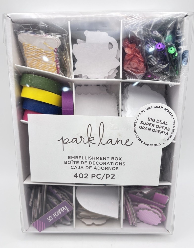 Park Lane Embellishment Box 402 Piece Scrapbooking Mixed Lot Twine Sequins