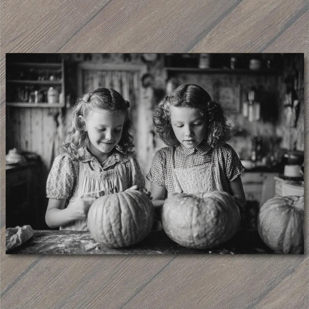 STICKER Two Girls Carving Pumpkins Smiling Black White Autumn Joy