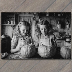 STICKER Two Girls Carving Pumpkins Smiling Black White Autumn Joy