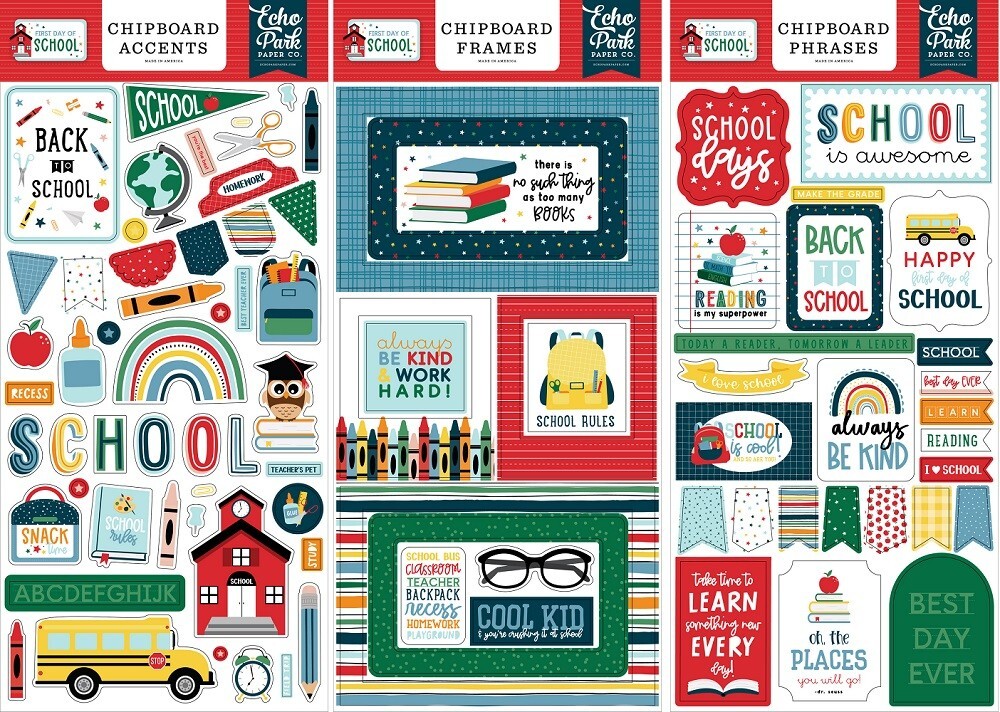 FIRST DAY OF SCHOOL (3) 6″x13″ CHIPBOARD SET Echo Park Accents Phrases Frames