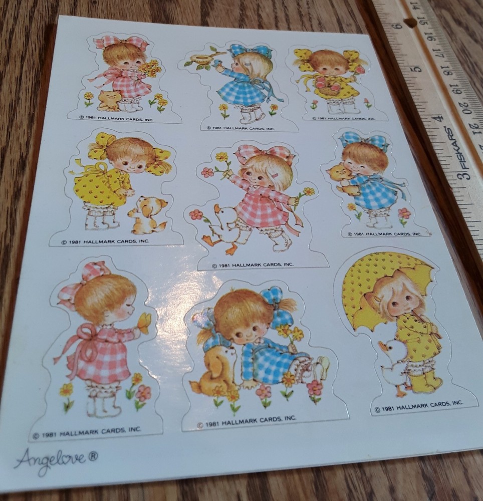 Vintage 1981 Hallmark Cards Sticker Sheet Little Girls & Animals Angelove