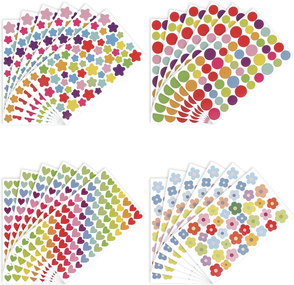 24 Sheets / 1434 Pcs Small Cute Sticker Sheets – Colorful Dot Star Flower Heart
