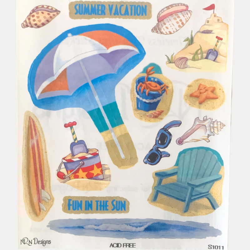 NRN Design sticker sheet, Summer Beach Vacation, Umbrella, Sea Shells, Sand