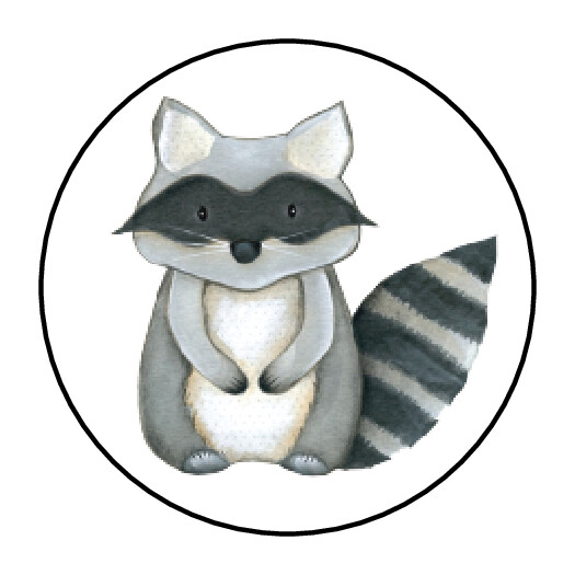 30 1.5″ WOODLAND ANIMAL RACCOON BIRTHDAY BABY SHOWER FAVOR LABELS ROUND STICKERS