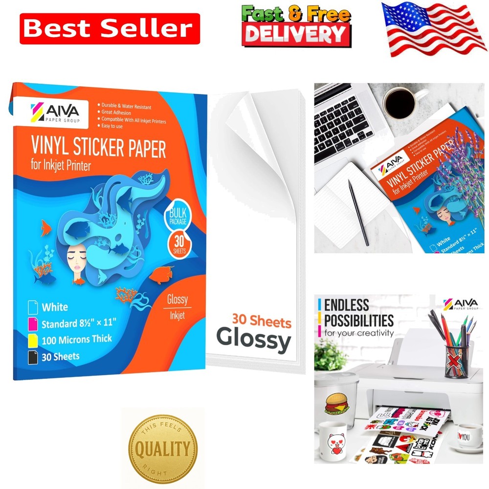 Waterproof Printable Vinyl Sticker Paper – 30 Glossy Sheets for Crafting