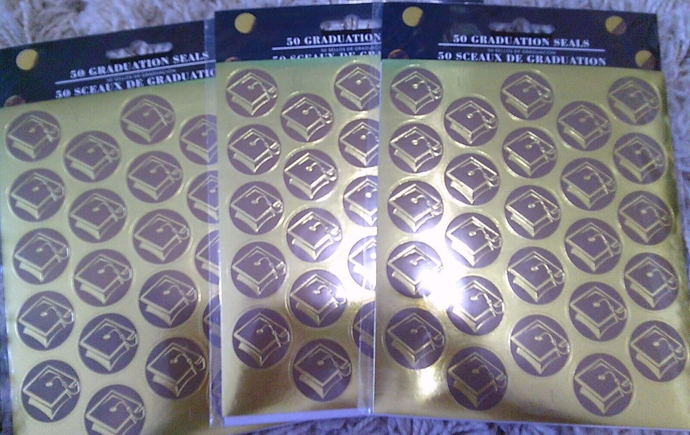 3 NEW packs gold GRADUATION HAT seals stickers 150 total
