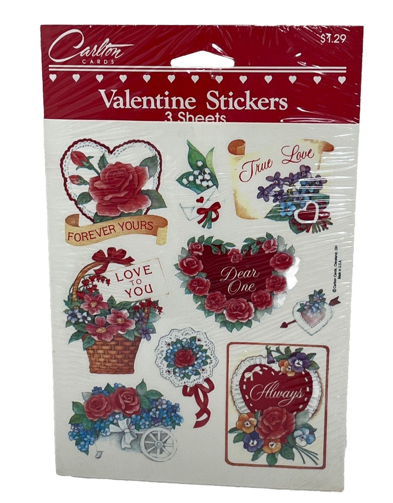 Vintage Stickers Carlton Cards Valentine Greeting Heart Flower Rose 3 Sheets New