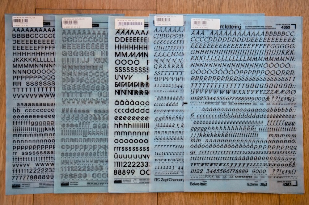 FIVE Sheets – Letraset Instant Lettering Transfer Type – Avant Garde, Helvetica