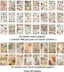 Vintage Aesthetic Washi Stickers and Papers for Scrapbooking, 40 Sheets Ephemera