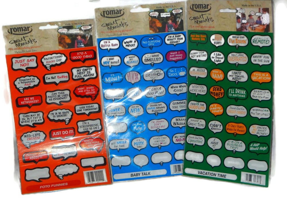 3 PK – SMART REMARKS PHOTO CAPTIONS STICKERS BY ROMAR – VACATION/BABY/FUNNIES
