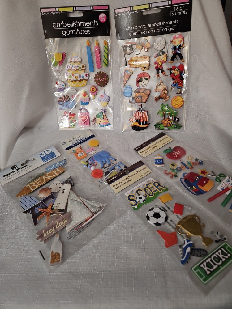 Lot Of 6 Packs 3D Stickers BIRTHDAY, PIRATES, SOCCER, SCHOOL & BEACH THEMES