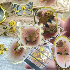 50 Pcs Gold-Stamped Vintage Roses Stickers for Scrapbooking, Transparent Stic…