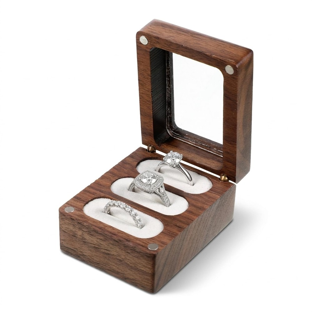 Wedding Ring Box 3 Slot, Wooden Ring Box with Clasps Solid Wood Rectangle Rin…