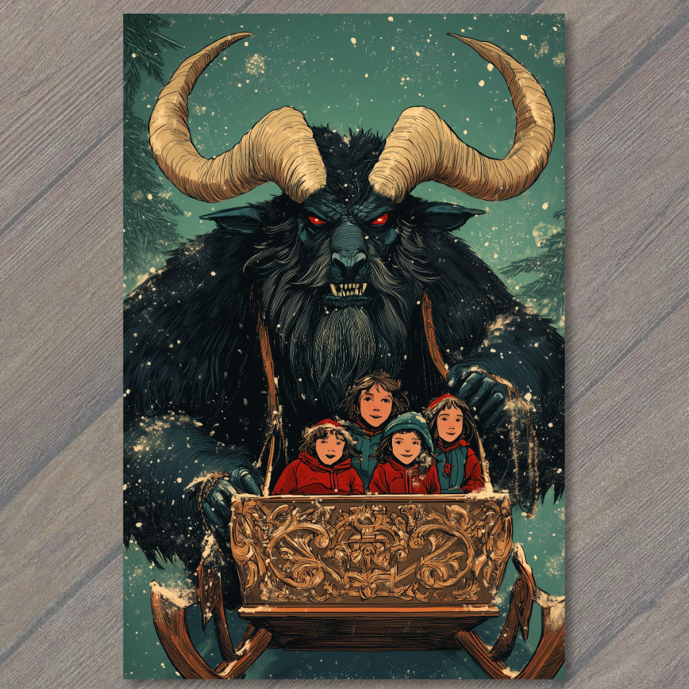 STICKER Krampus Sledding Kids Winter Christmas Horror Retro Holiday Creepy