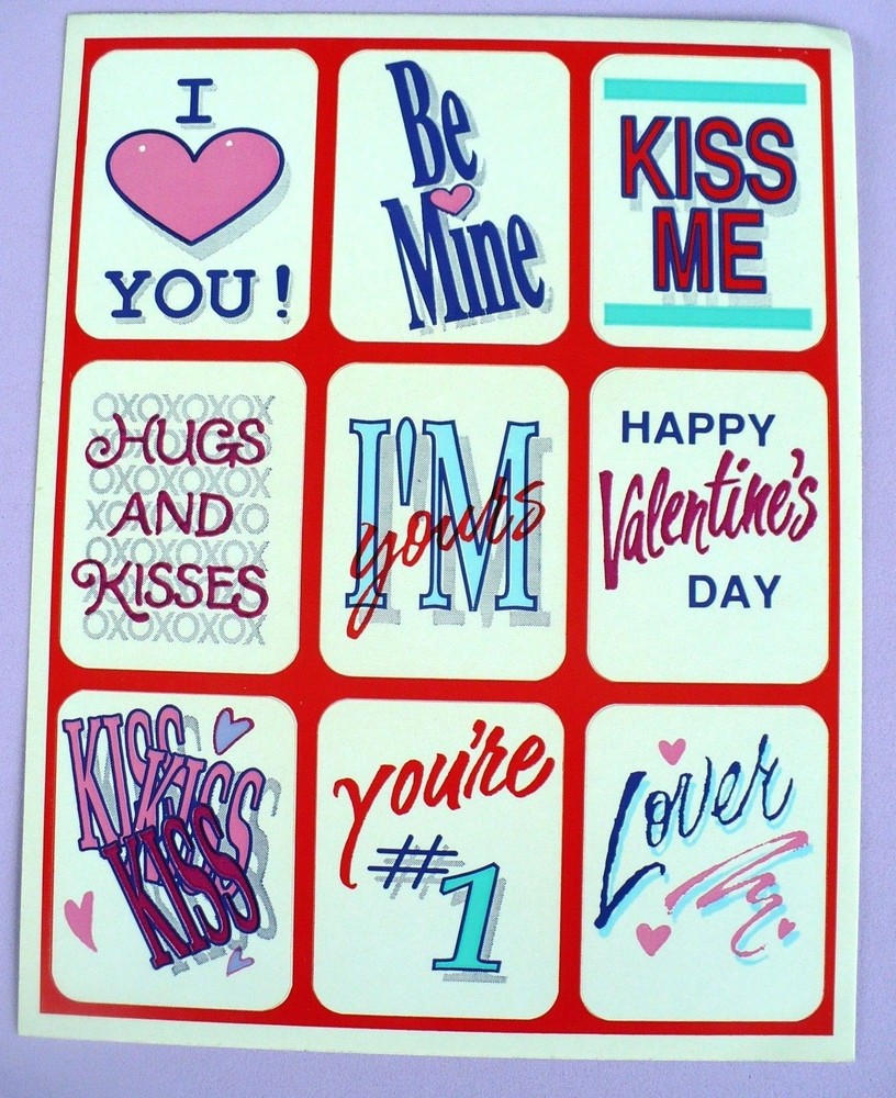VINTAGE 1990 SANGAMON HEARTS LOVE BE MINE KISS ME 9 STICKERS 1 SHEET