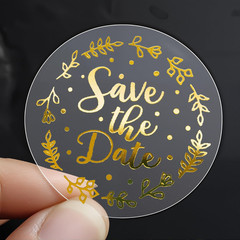 Save the Date Stickers – Gold Foil Wedding Favor Labels – Transparent Clear Enve