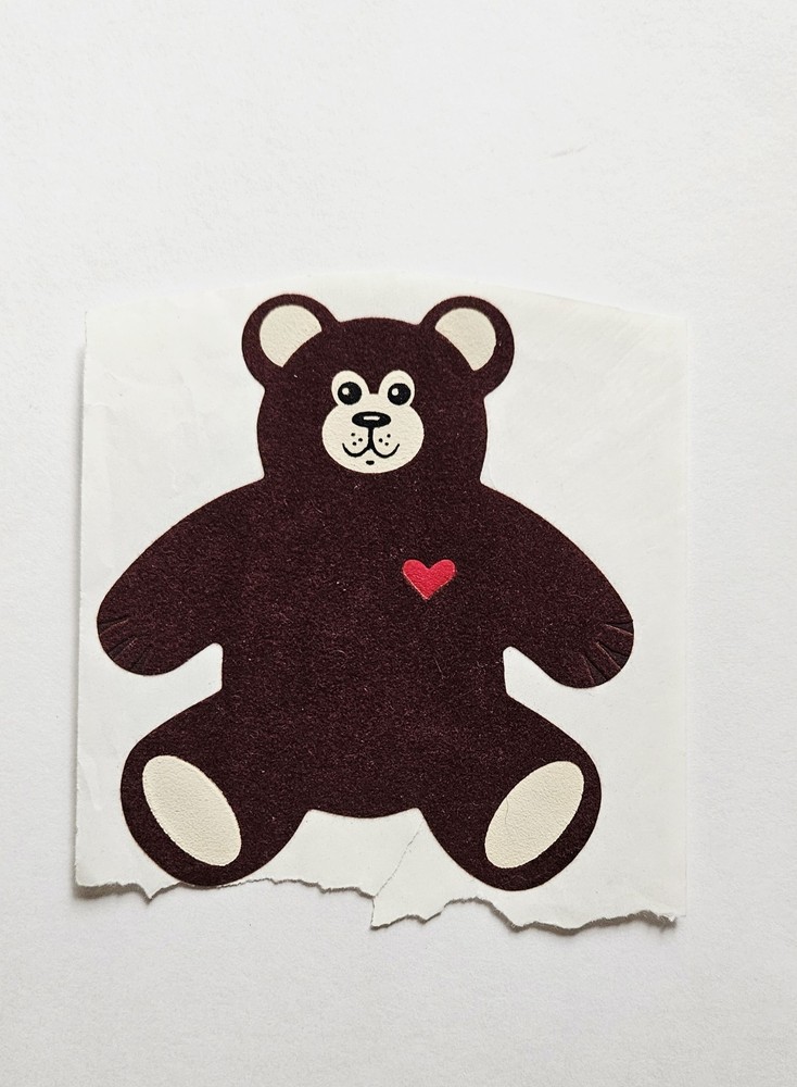 Vtg Large Fuzzy Sticker 4.5″ Dark Brown Bear Red Heart Personal Expressions