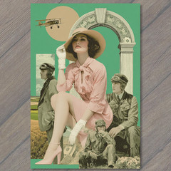 STICKER Glamour Lady Aviators Biplane Arch Deco Surreal Collage