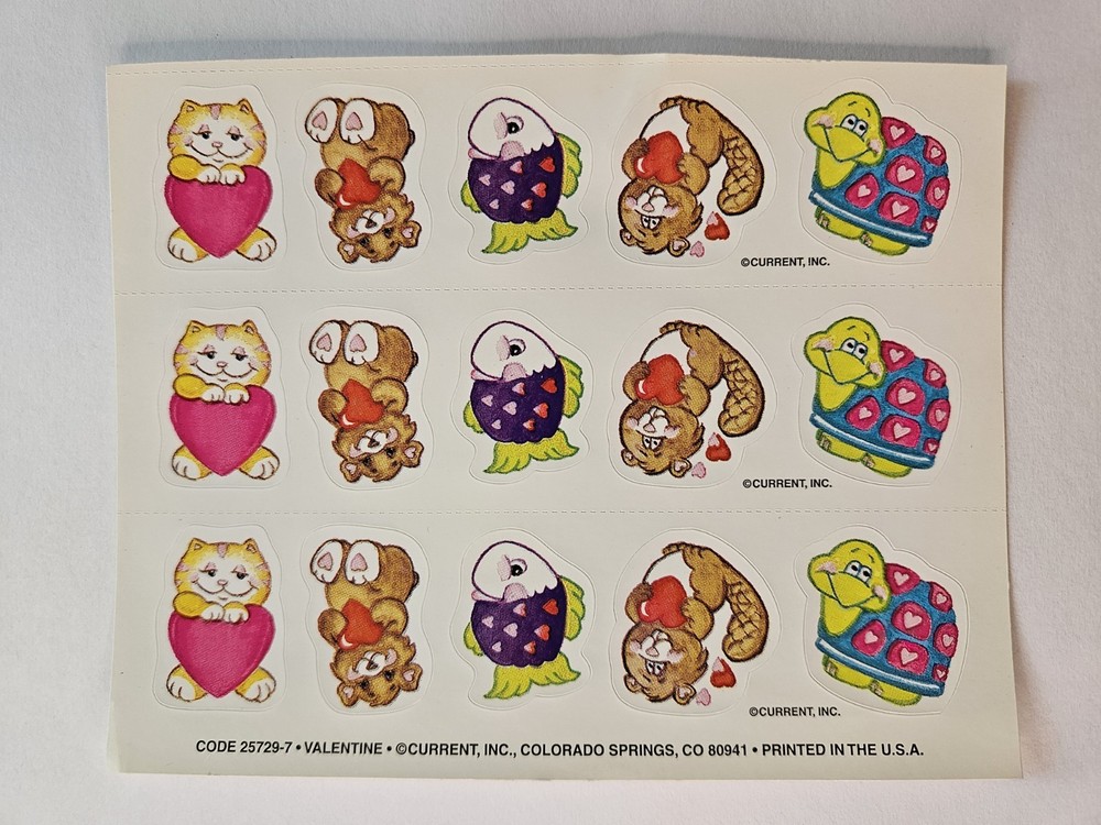 Vintage Current 1 Sheet Stickers 1980s Valentine Cat Turtle Teddy Bear Hearts