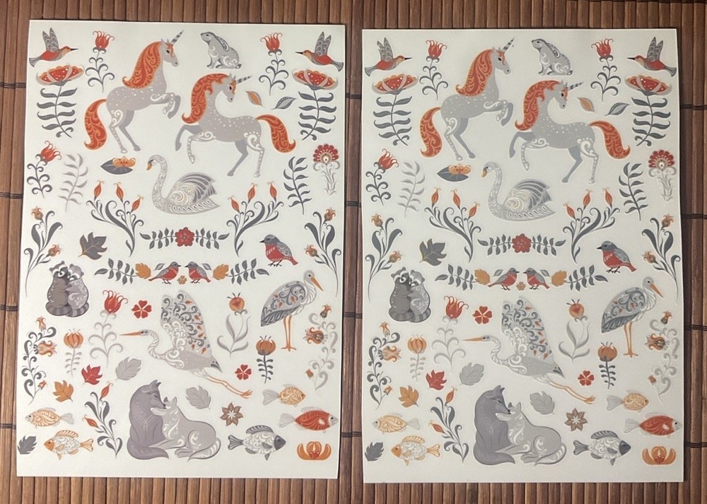 Crafter’s Square Rub-On Transfers Unicorn, Swan, Racoons, Flowers – Lot Of 2