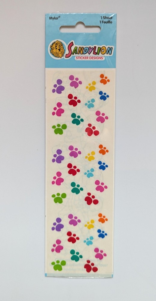 Vintage SandyLion Mylar Colorful Animal Paw Prints Dog Cat Sealed Stickers