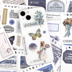 RISYPISY Pre-Cut Vintage Ephemera Washi Scrapbook Sticker Book for Blue
