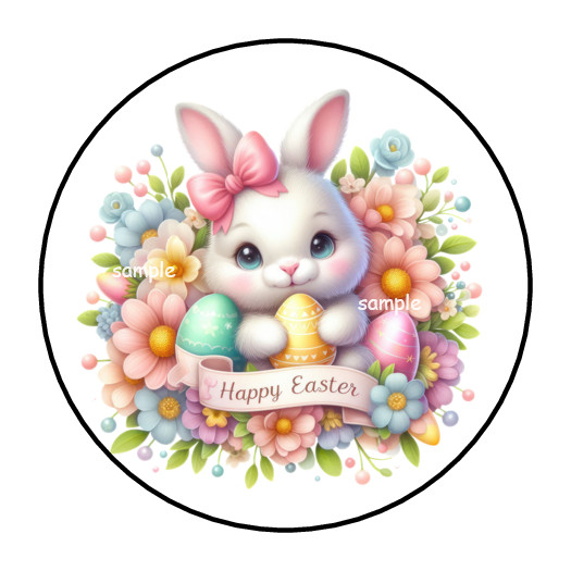 30 HAPPY EASTER BUNNY ENVELOPE SEALS STICKERS LABELS TAGS 1.5″ ROUND FLOWERS