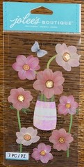 RARE JOLEES PINK FLOWERS Jar Vase Butterflies W/ Gems 3D Card Scrapbook STICKERS