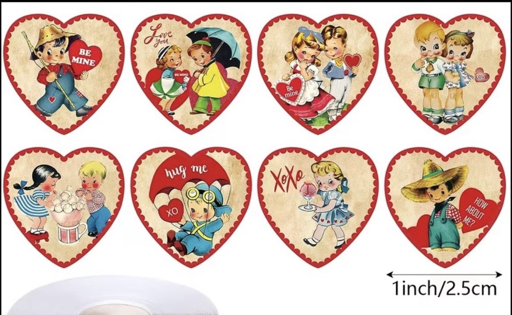 40 PCs Heart Shaped 1” Retro Vintage Valentines Day Stickers Envelope Seals